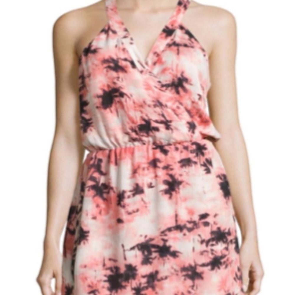 PARKER palm tree pink wrap front and back Silk mini dress